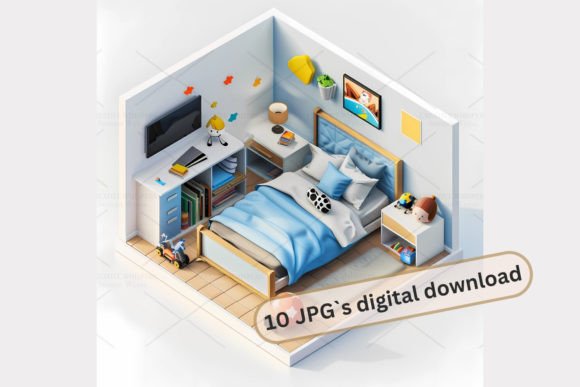 Boy Room Isometric Clipart: 10 High-Quality JPGs for Creative Projects