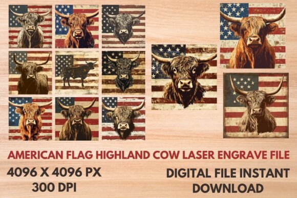 USA Flag Highland Cow Laser Engrave File: Creative Projects